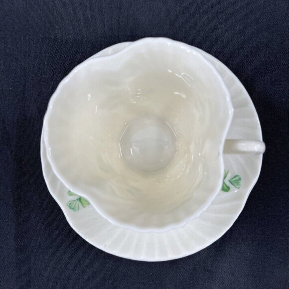 Belleek Shamrock Shell Cup Saucer Harp Handle Green Mark 1965-1981 Vtg Porcelain - Picture 2 of 10
